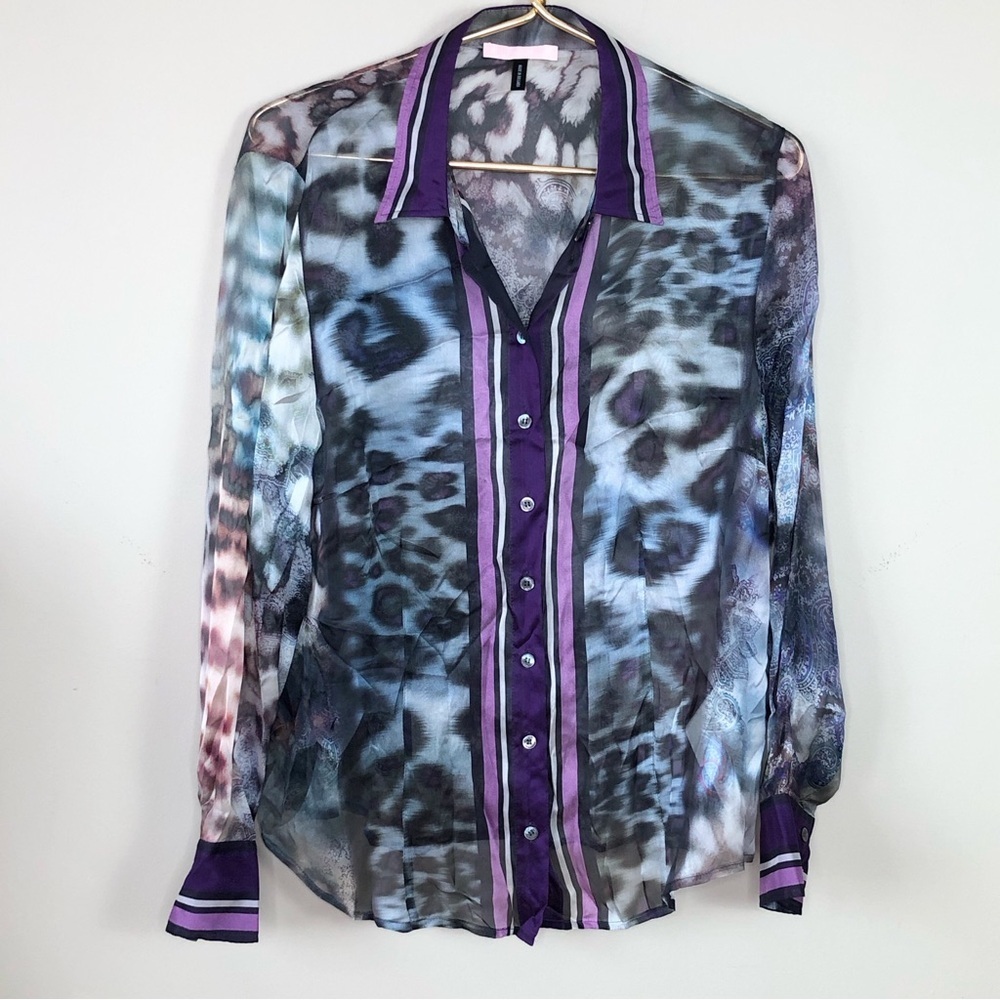 Basler leopard print blue & purple sheer silk button down blouse top M